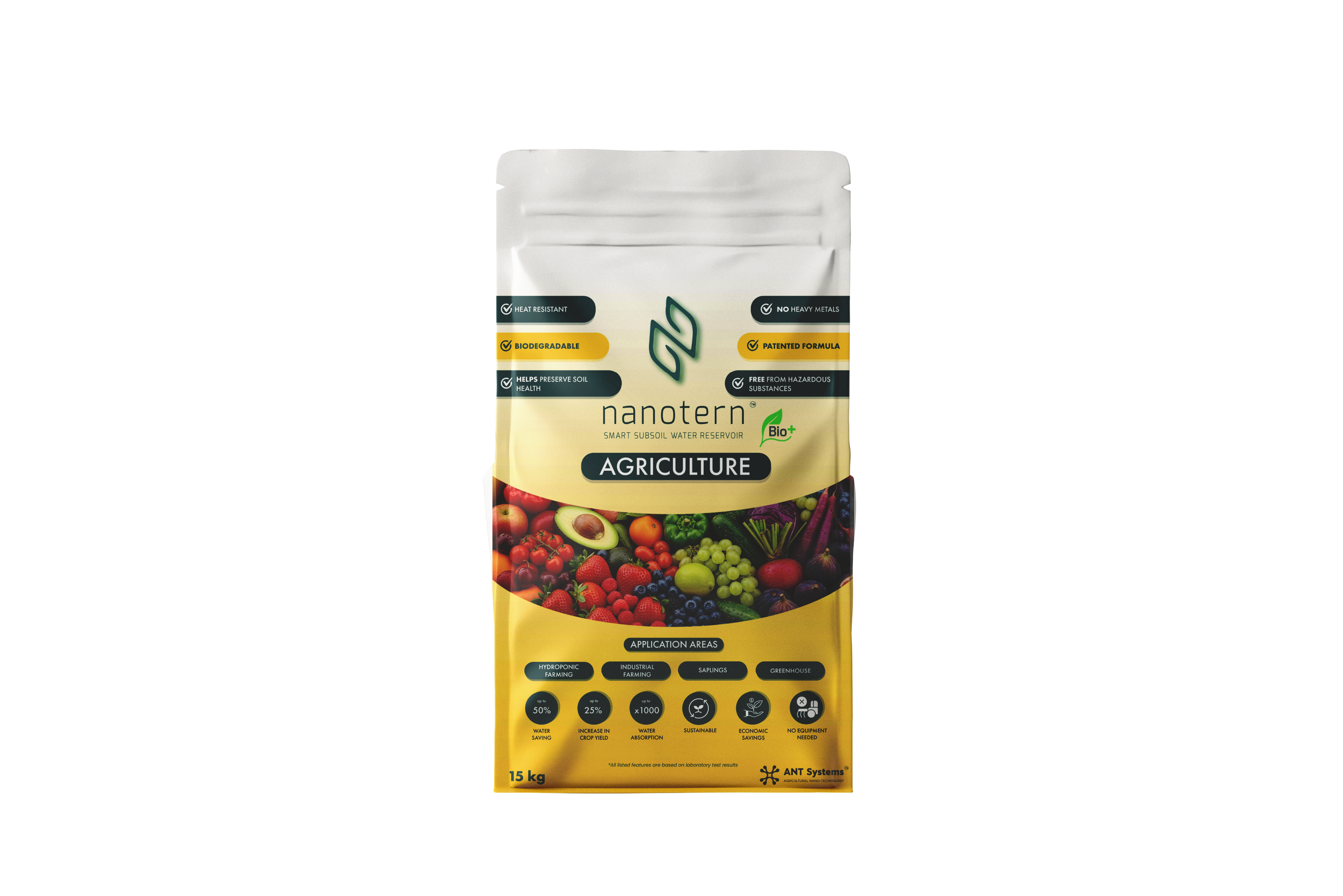 Nanotern Agriculture product packaging with fruits and vegetables on a white background